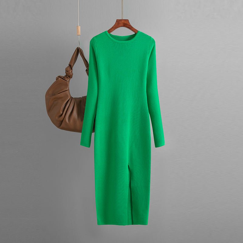 Slim - fitting knitted dress women's inner and outer wear medium and long long - sleeved tight bottom hip skirt - Negative Apparel