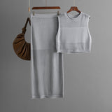 Slim hollow sleeveless vest suit 2025 summer new knitted slit skirt two - piece suit - Negative Apparel