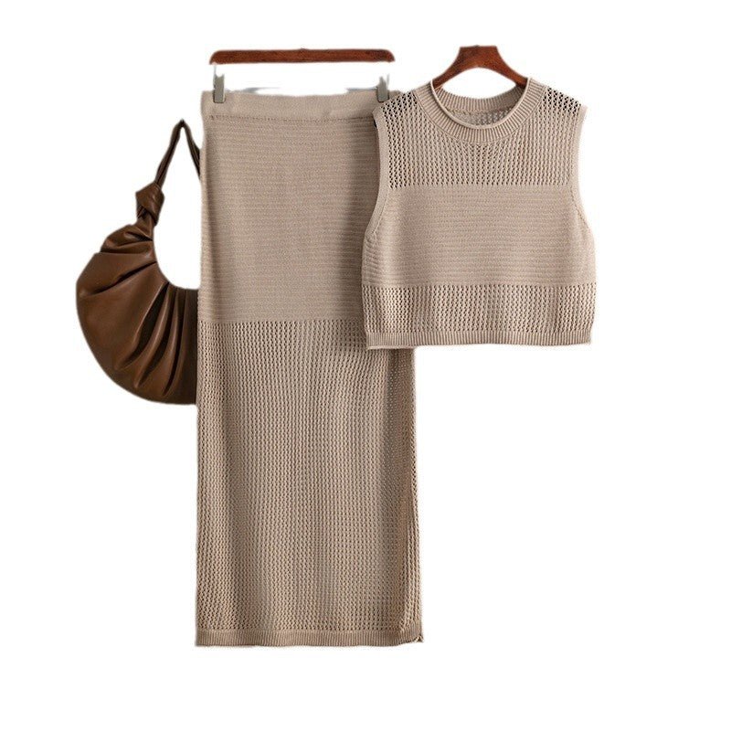 Slim hollow sleeveless vest suit 2025 summer new knitted slit skirt two - piece suit - Negative Apparel