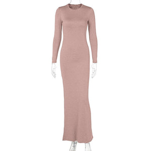 Slim solid color round neck mid - waist long - sleeved dress - Negative Apparel