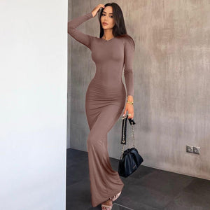 Slim solid color round neck mid - waist long - sleeved dress - Negative Apparel