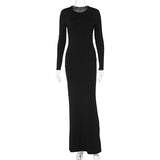 Slim solid color round neck mid - waist long - sleeved dress - Negative Apparel