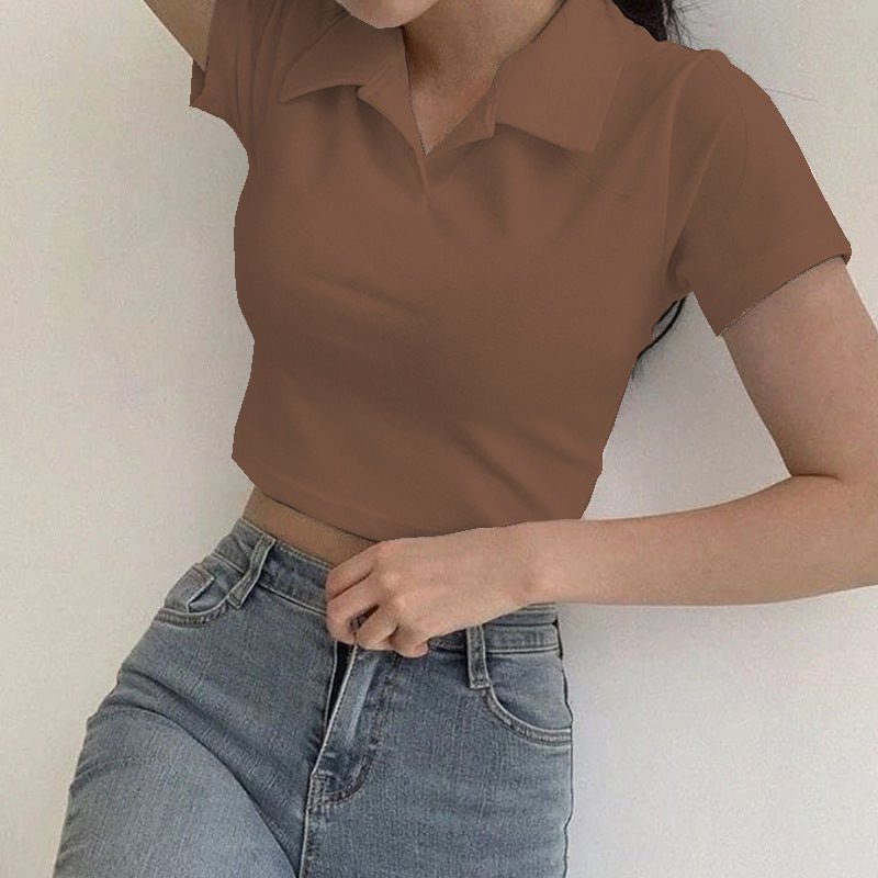 Slim thread Polo collar short - sleeved tops for women 2025 new women's slim bottoming T-shirt - Negative Apparel