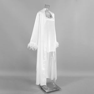 sling satin nightdress two - piece feather long - sleeved nightgown - Negative Apparel