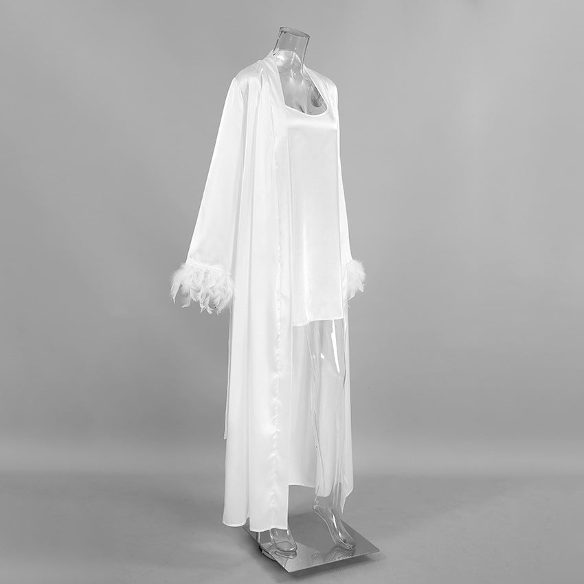 sling satin nightdress two - piece feather long - sleeved nightgown - Negative Apparel