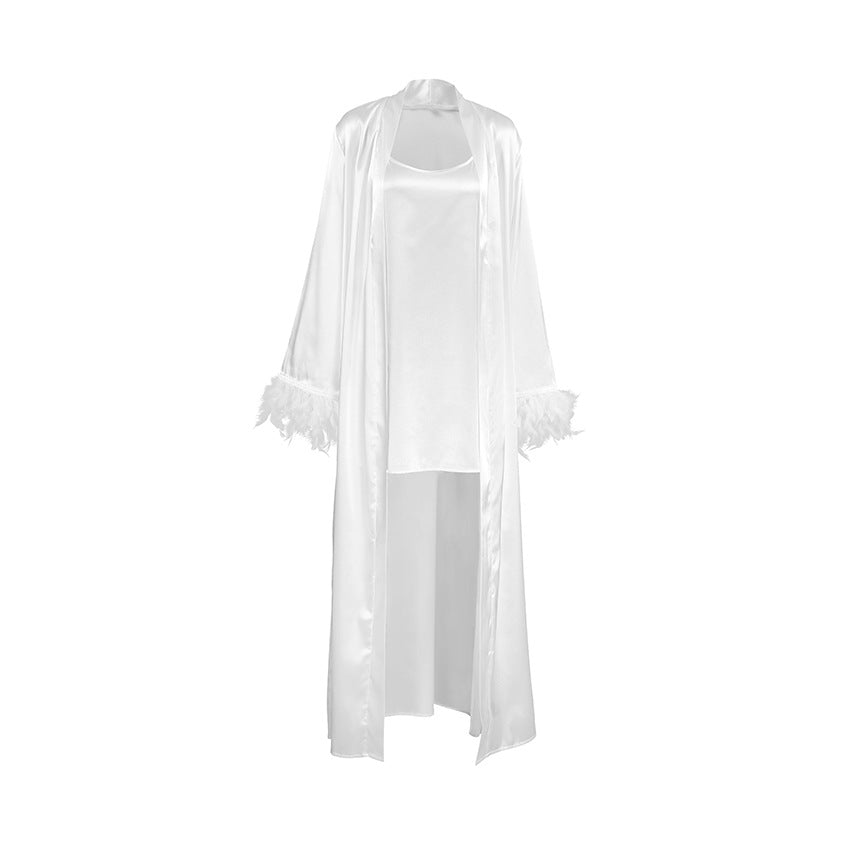 sling satin nightdress two - piece feather long - sleeved nightgown - Negative Apparel