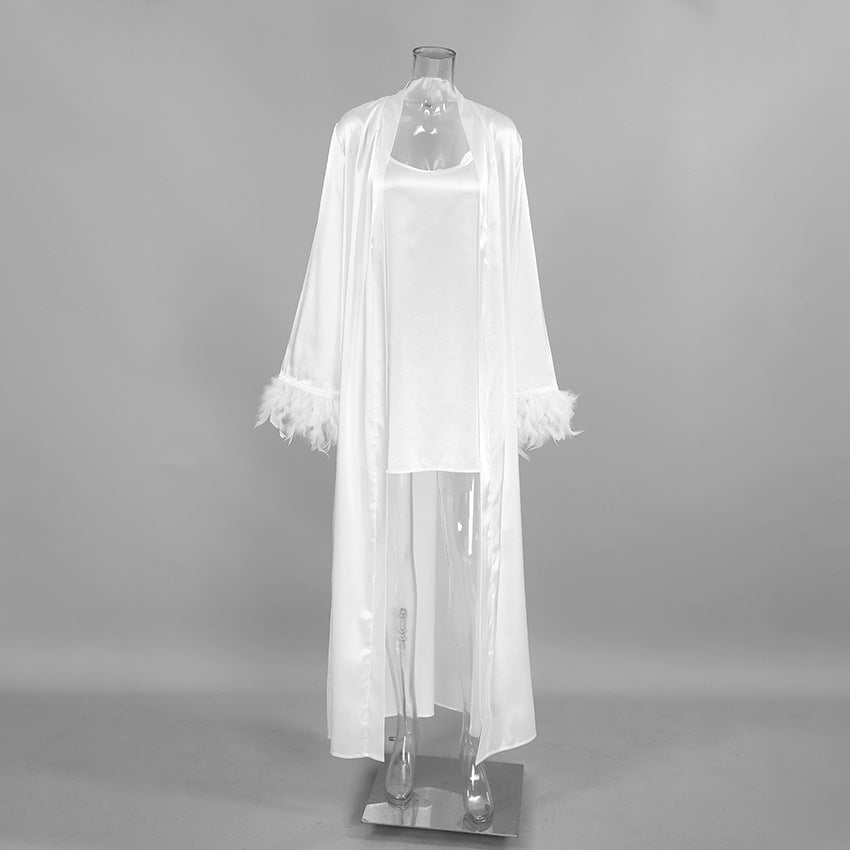 sling satin nightdress two - piece feather long - sleeved nightgown - Negative Apparel