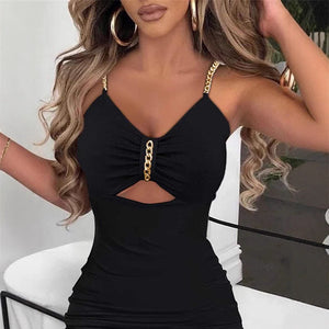 Slit Chain Hollow Hip Sleeveless V - neck Women's Dress - Negative Apparel