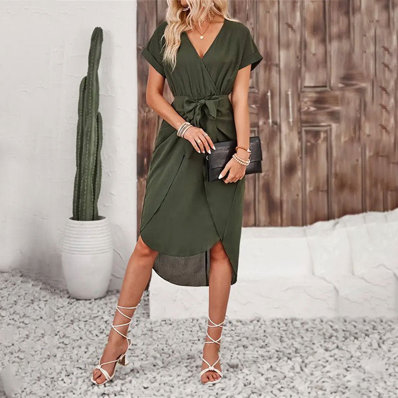 Slit wrap - around short dress short sleeve loose knot dress spring dress - Negative Apparel