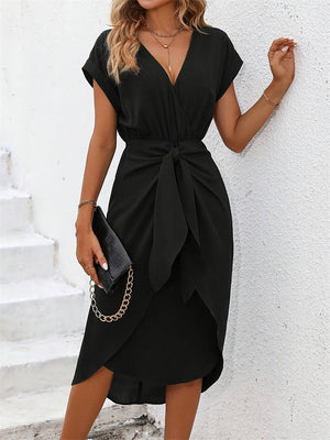 Slit wrap - around short dress short sleeve loose knot dress spring dress - Negative Apparel