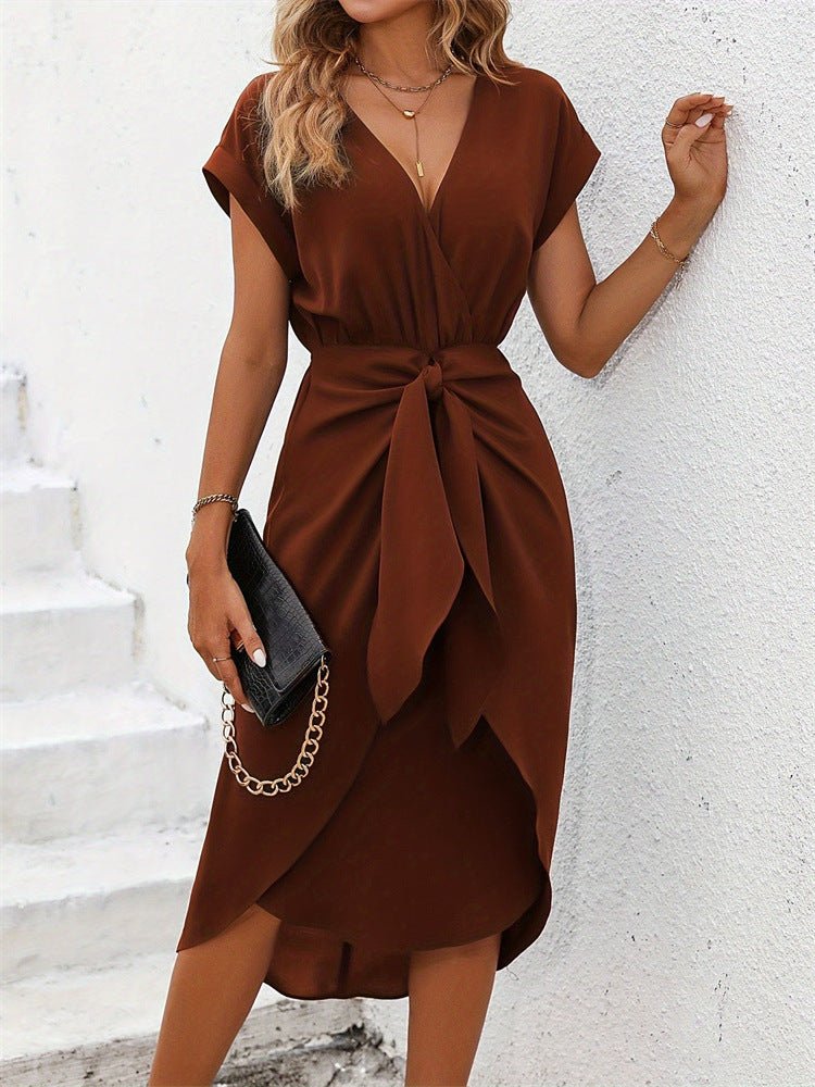 Slit wrap-around short dress short sleeve loose knot dress spring dress - Negative Apparel Slit wrap-around short dress short sleeve loose knot dress spring dress - Negative Apparel