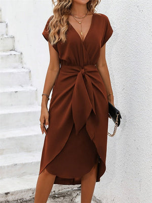 Slit wrap - around short dress short sleeve loose knot dress spring dress - Negative Apparel