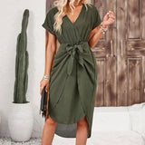 Slit wrap - around short dress short sleeve loose knot dress spring dress - Negative Apparel