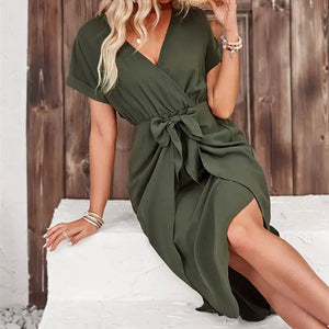 Slit wrap - around short dress short sleeve loose knot dress spring dress - Negative Apparel