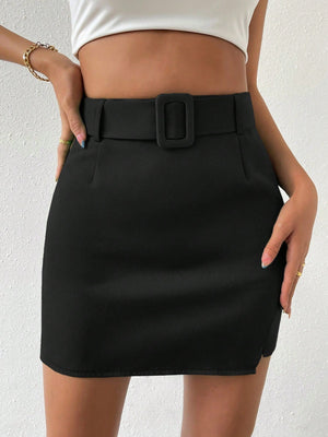 Solid Belted Bodycon Skirt - Negative Apparel