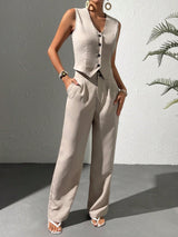 Solid Button Front Vest Blazer & Wide Leg Pants - Negative Apparel