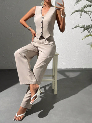 Solid Button Front Vest Blazer & Wide Leg Pants - Negative Apparel