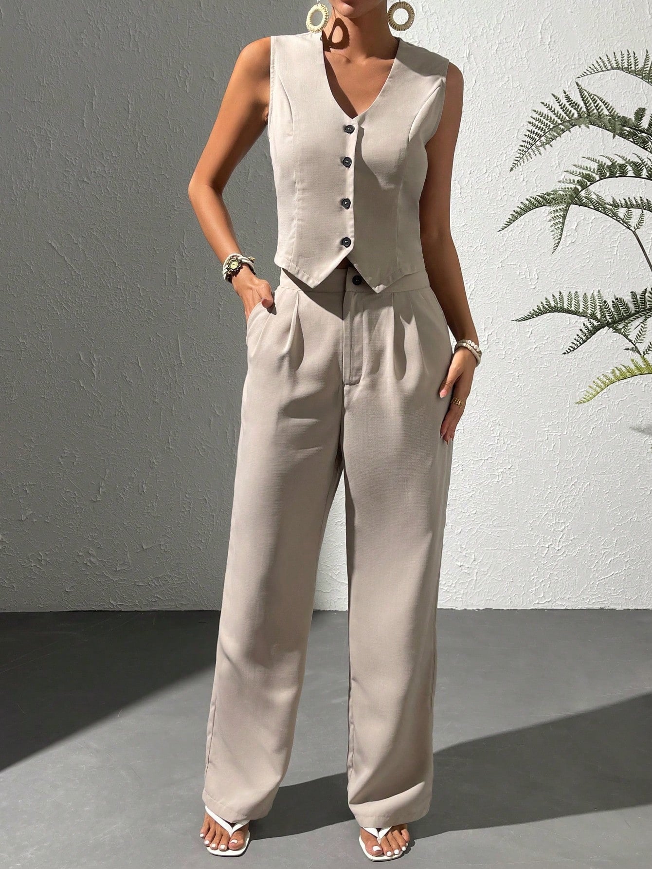 Solid Button Front Vest Blazer & Wide Leg Pants - Negative Apparel