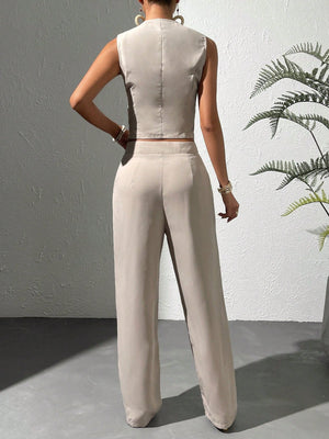 Solid Button Front Vest Blazer & Wide Leg Pants - Negative Apparel