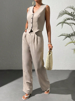 Solid Button Front Vest Blazer & Wide Leg Pants - Negative Apparel