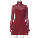 Solid color high collar short length mesh sleeve finger long sleeve dress - Negative Apparel