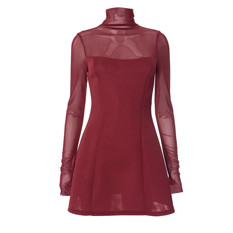 Solid color high collar short length mesh sleeve finger long sleeve dress - Negative Apparel