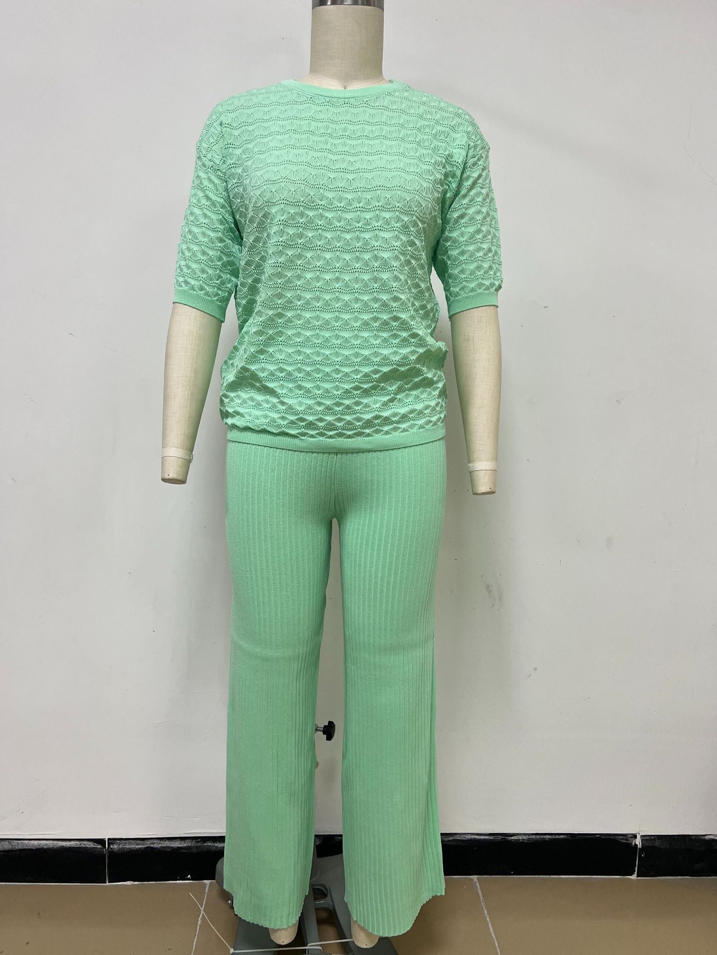 Solid color hollow casual round neck fashion suit short sleeve trousers knitted two - piece set - Negative Apparel