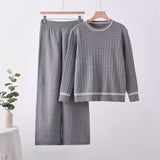 Solid color knitted long - sleeved top wide - leg pants loose and thin suit comfortable co - ord - Negative Apparel