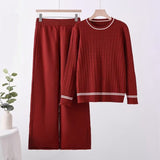 Solid color knitted long - sleeved top wide - leg pants loose and thin suit comfortable co - ord - Negative Apparel