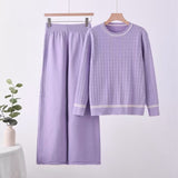 Solid color knitted long - sleeved top wide - leg pants loose and thin suit comfortable co - ord - Negative Apparel
