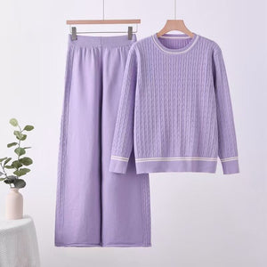 Solid color knitted long - sleeved top wide - leg pants loose and thin suit comfortable co - ord - Negative Apparel