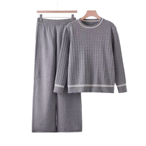 Solid color knitted long - sleeved top wide - leg pants loose and thin suit comfortable co - ord - Negative Apparel