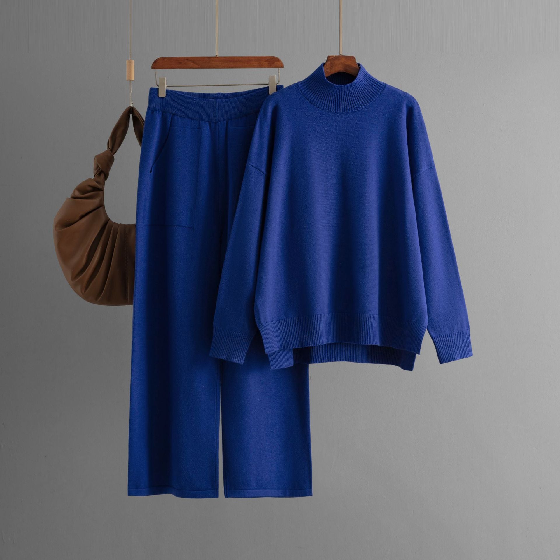 Solid color knitted semi - turtleneck slit sweater set women's casual sweater two - piece set - Negative Apparel