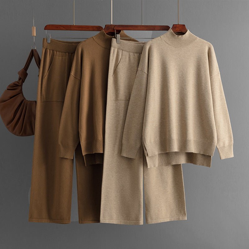 Solid color knitted semi - turtleneck slit sweater set women's casual sweater two - piece set - Negative Apparel