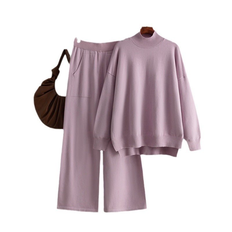 Solid color knitted semi - turtleneck slit sweater set women's casual sweater two - piece set - Negative Apparel