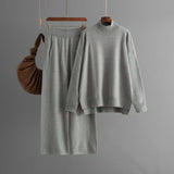 Solid color knitted semi - turtleneck slit sweater set women's casual sweater two - piece set - Negative Apparel