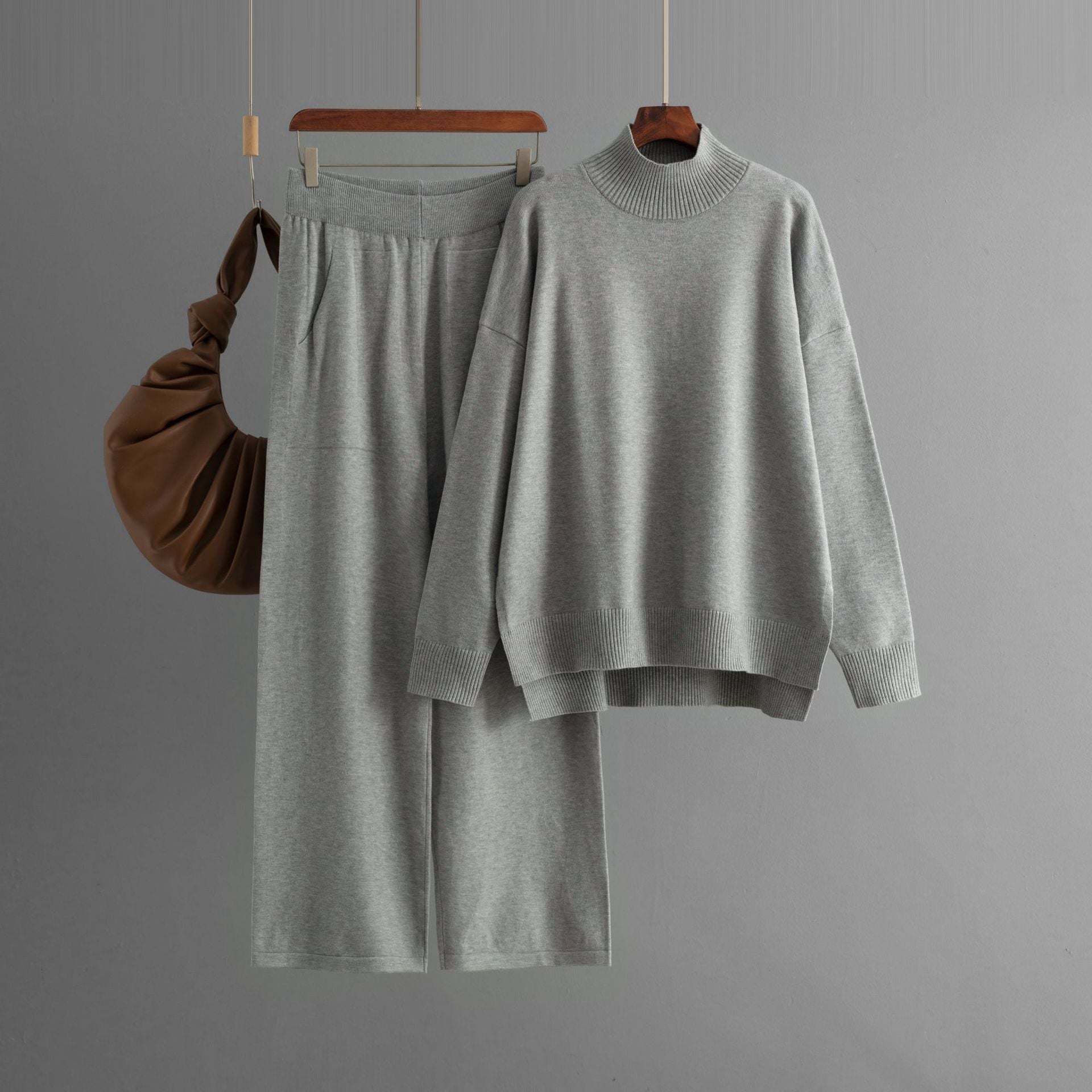 Solid color knitted semi - turtleneck slit sweater set women's casual sweater two - piece set - Negative Apparel