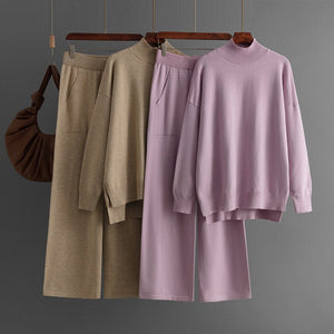 Solid color knitted semi - turtleneck slit sweater set women's casual sweater two - piece set - Negative Apparel