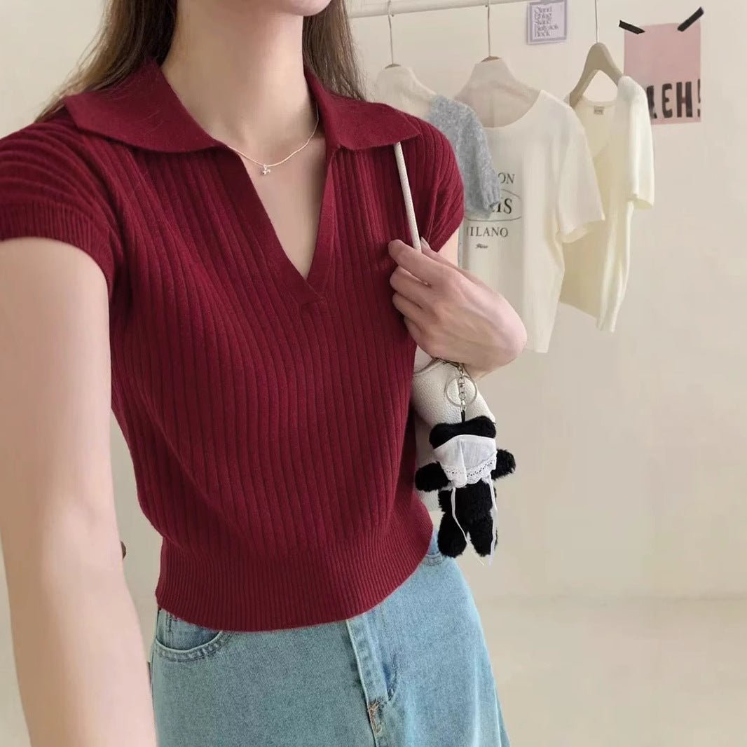 Solid color knitted short - sleeved t-shirt women's autumn fashion foreign style polo collar thin versatile shirt chic popular top - Negative Apparel