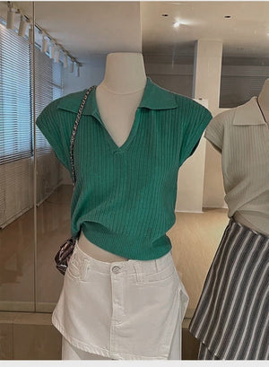 Solid color knitted short - sleeved t-shirt women's autumn fashion foreign style polo collar thin versatile shirt chic popular top - Negative Apparel