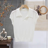 Solid color knitted short - sleeved t-shirt women's autumn fashion foreign style polo collar thin versatile shirt chic popular top - Negative Apparel