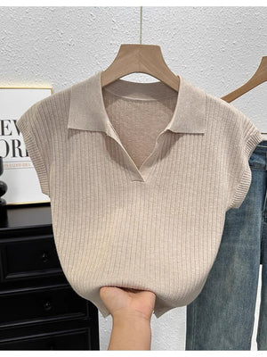 Solid color knitted short - sleeved t-shirt women's autumn fashion foreign style polo collar thin versatile shirt chic popular top - Negative Apparel