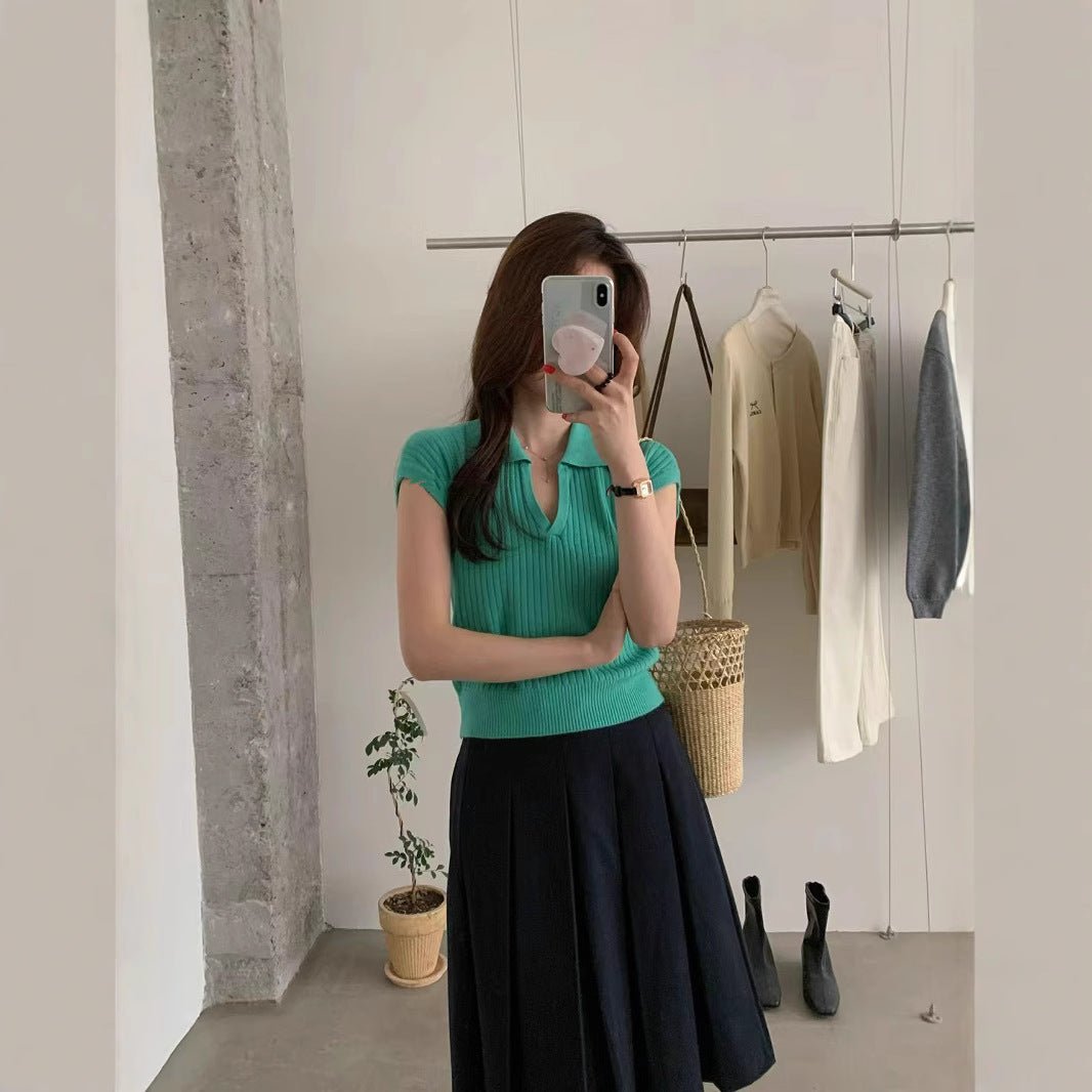 Solid color knitted short - sleeved t-shirt women's autumn fashion foreign style polo collar thin versatile shirt chic popular top - Negative Apparel