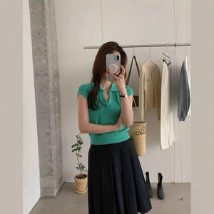Solid color knitted short - sleeved t-shirt women's autumn fashion foreign style polo collar thin versatile shirt chic popular top - Negative Apparel
