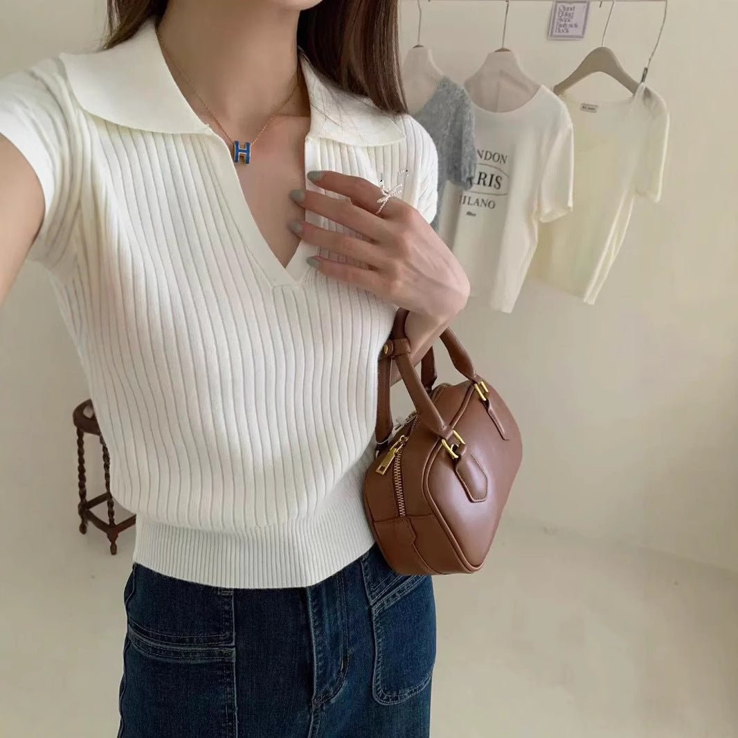 Solid color knitted short - sleeved t-shirt women's autumn fashion foreign style polo collar thin versatile shirt chic popular top - Negative Apparel
