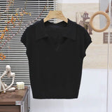 Solid color knitted short - sleeved t-shirt women's autumn fashion foreign style polo collar thin versatile shirt chic popular top - Negative Apparel