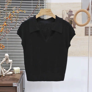 Solid color knitted short - sleeved t-shirt women's autumn fashion foreign style polo collar thin versatile shirt chic popular top - Negative Apparel