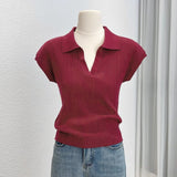 Solid color knitted short - sleeved t-shirt women's autumn fashion foreign style polo collar thin versatile shirt chic popular top - Negative Apparel