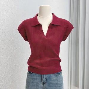 Solid color knitted short - sleeved t-shirt women's autumn fashion foreign style polo collar thin versatile shirt chic popular top - Negative Apparel