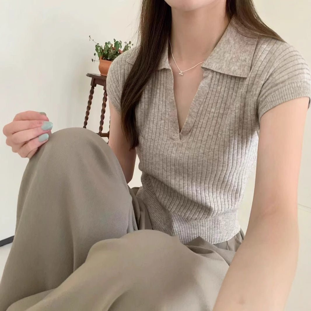 Solid color knitted short - sleeved t-shirt women's autumn fashion foreign style polo collar thin versatile shirt chic popular top - Negative Apparel